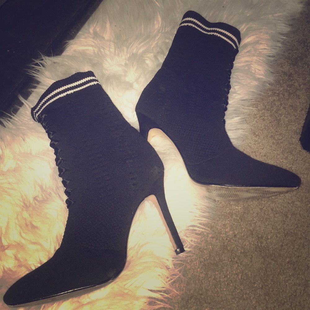 Black heel booties w/white stripes ankle detail